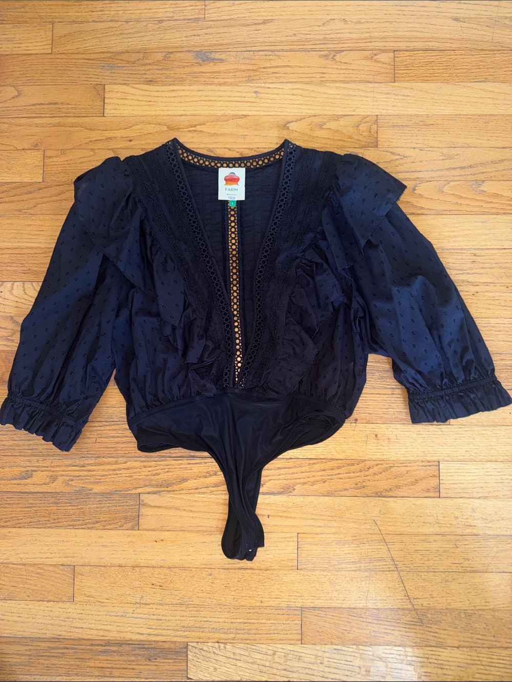 FARM Rio Black Lace-Trim Puff Sleeve Bodysuit